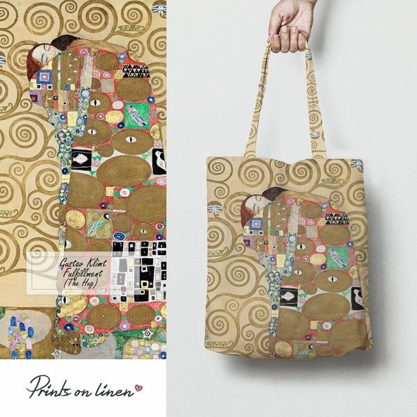 Sac fourre-tout, Fulfilment, 1905 par Gustav Klimt, le câlin, sac fourre-tout en lin, 100 % lin, fourre-tout Klimt, art sur lin