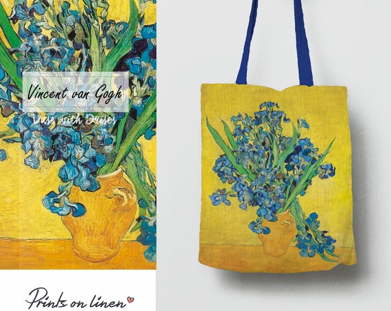 Tote bag, Vase with Irises, Vincent van Gogh, linen bag, art print, hand made in Lithuania, Van Gogh, custom bag