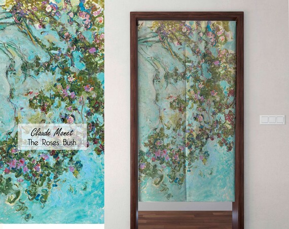 Noren Curtains, Claude Monet, Roses Bush, Linen Japanese curtains, door linen panel, decorate doorway curtain, 100% linen, Noren Linen
