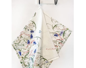 Cornflower Linen Kitchen Towel, Handmade Floral Print, with Hook