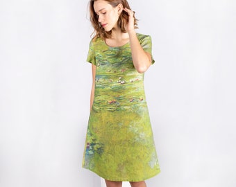 Claude Monet Water Lily Pond Linen Dress, Short Sleeve Art Dress