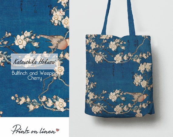 Katsushika Hokusai, tote bag canvas, Bullfinch and Weeping Cherry, linen bag, gift for teacher, shopping bag, Japan bag, Japan art bag