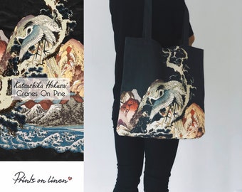 Tote bag, Tote bag wholesale, Cranes, Katsushika Hokusai, linen tote, tote bag art, hand made tote, linen is love