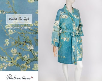 Women bathrobe, Van Gogh, kimono robe, kimono cardigan, bathrobe, Almond blossom, bridesmaid gift, linen, Linen bathrobe, 100% linen