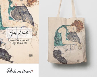 Egon Schiele Linen Tote Bag, "Seated Woman", Handmade