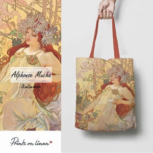 Alphonse Mucha, Automne, 100% lin, Cadeau Mucha, Fourre-tout personnalisé, Mucha Seasons, Sac fourre-tout, Sac fourre-tout en lin, Sac fourre-tout personnalisé image 1