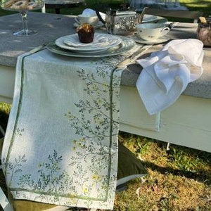 Puede incluir: Una mesa blanca con un mantel floral preparada para tomar el té. Hay dos platos, una tetera, un azucarero y una magdalena en la mesa. La mesa está puesta en un jardín con hierba verde y árboles en el fondo.