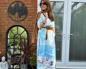 Linen Maxi Dress, Raoul Dufy Print, Stonewashed Holiday Dress