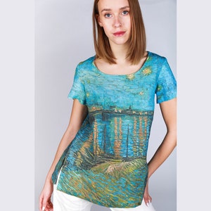 Women&#39;s blouse, Vincent van Gogh, Starry Night, breathable blouse, sustainable fashion, top short sleeves, 100% linen