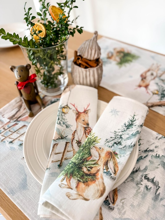 Napkins set, Holiday Tales, linen napkins, Holiday decor, Christmas napkins, Christmas decor, 100% linen