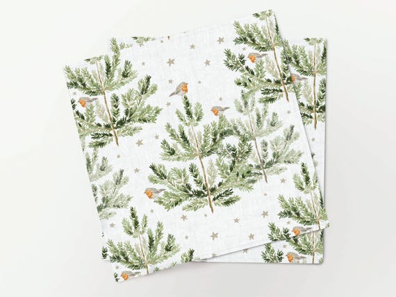 BESTSELLER! Napkins set, Robin Birds On Pine Trees, Holiday linens, Christmas decor, 100% linen