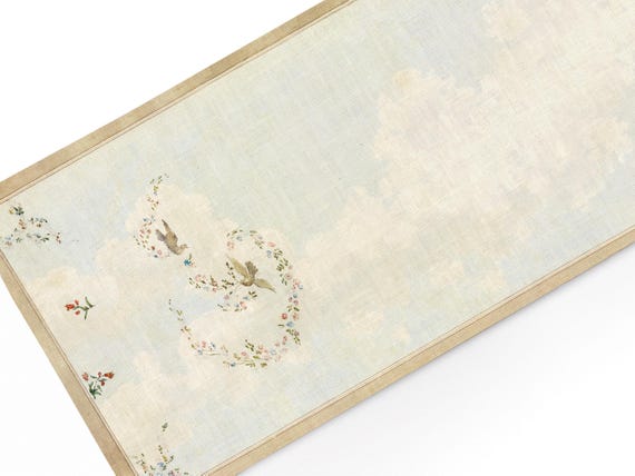 Table Runner "Doves and Flower Garlands" Vintage pattern, 100% linen
