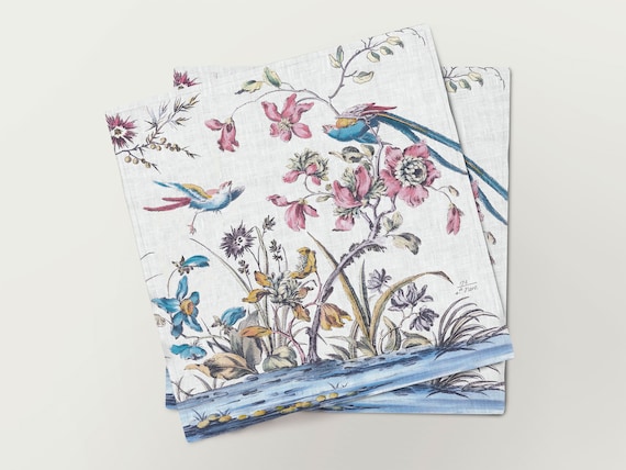 Napkins set, Japanning by Jean Pillement, 1760, linen napkins, 100% linen, floral print, event napkins, vintage napkins