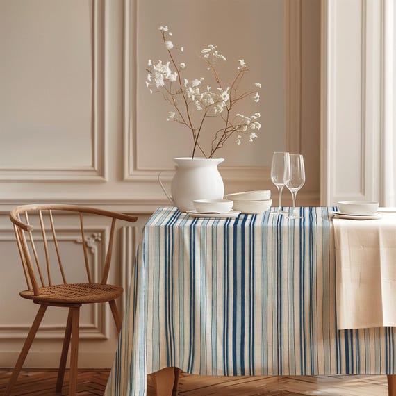 Coastal Blue Linen tablecloth, 100% European Linen, Handmade
