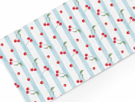 Table runner, Vintage Cherries & Stripes, 100% linen