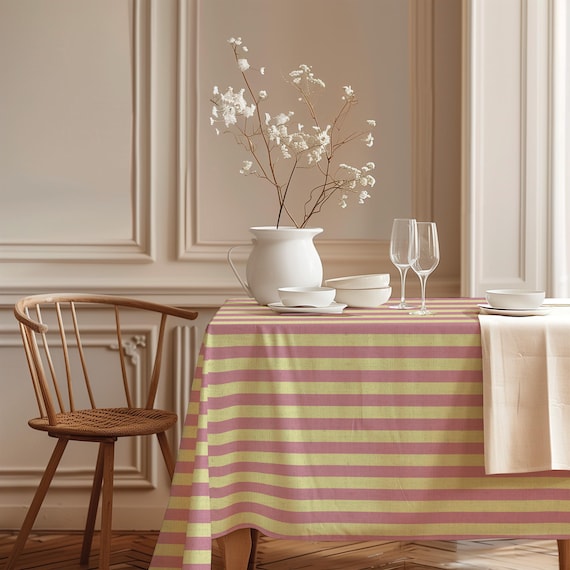 Linen Tablecloth, Sicilian Gelato, 100% European Linen, Rose Pink  & Butter Yellow, Striped Design, Handmade