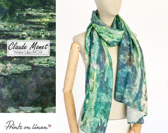 Women scarf, Claude Monet, Water Lilies 1904, linen scarf, 27 x 76 inches, Linen scarf, 100% linen fabric, summer linen scarf