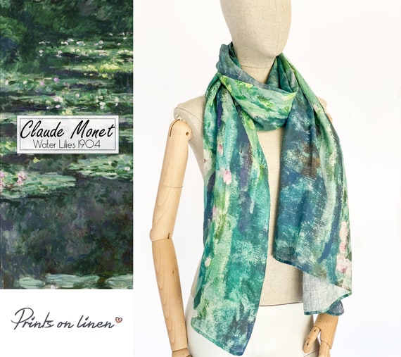 Women scarf, Claude Monet, Water Lilies 1904, linen scarf, 27 x 76 inches, Linen scarf, 100% linen fabric, summer linen scarf