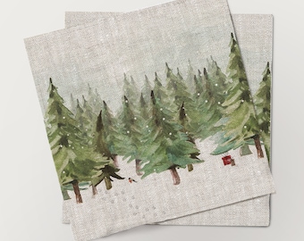 May include: A watercolor illustration of a snowy forest scene with a row of green pine trees and a small red bird in the foreground.