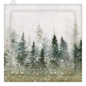 May include: A square, off-white pot holder featuring a watercolour painting of a snowy forest scene. The artwork depicts evergreen trees in shades of green and grey, with falling white snow. The overall effect is a serene, wintery landscape.