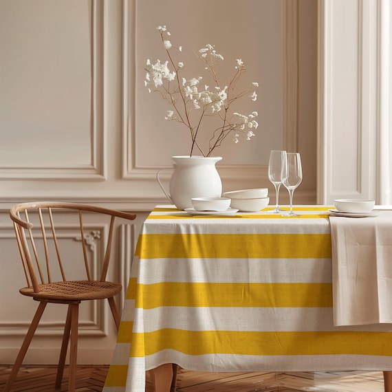 Wide Linen Tablecloth, Lemon Yellow Stripes, 100% linen fabric