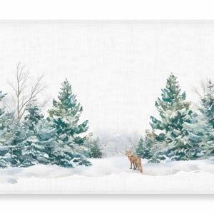 May include: A watercolor painting of a fox standing in a snowy forest. The fox is brown and white, and the trees are green and white. The background is a light blue.