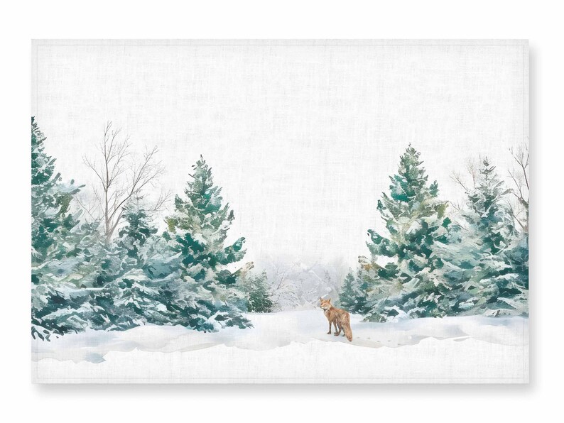May include: A watercolor painting of a fox standing in a snowy forest. The fox is brown and white, and the trees are green and white. The background is a light blue.