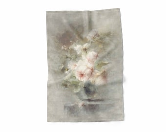 Vintage Rose Linen Kitchen Towel, Floral Still Life
