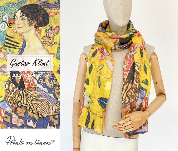 Linen scarf, Gustav Klimt, Lady with fan, art to wear, gift for her, scarves, women scarf, maxi scarf, blue scarf, hand made scarf