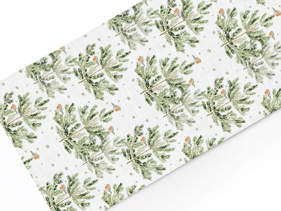2025 CHRISTMAS TOP! Table runner, Robin Birds On Pine Trees, Christmas decor, 100% linen, Christmas table top
