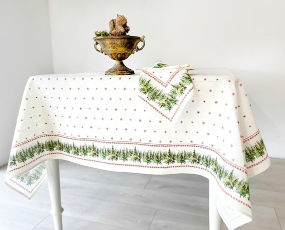 Christmas tablecloth, Ethno-Festive Fir, linen tablecloth, vintage Christmas, gift idea, rectangle tablecloth, holiday table top