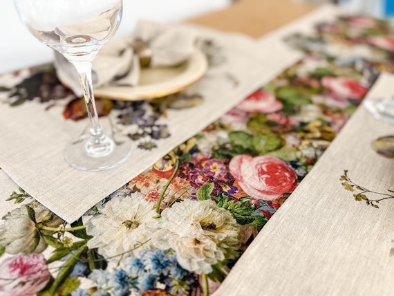 Table runner, Gerard van Spaendonck, Still Life, BEIGE LINEN, Floral table top 100% linen, party decor linens