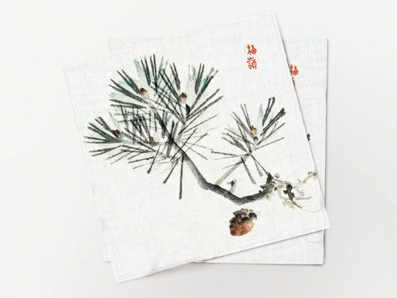 Napkins set, Pine by Kono Baire (1844-1895), winter table decor, 100% linen, Christmas linen napkins, hand made napkins, holiday napkins