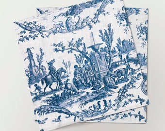 Linen Napkins Set, Blue Toile Print, Vintage Table Decor