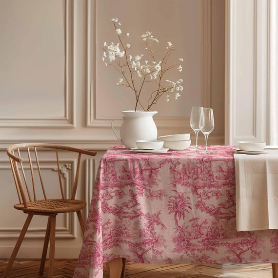 Pink Toile de Jouy Linen Tablecloth, French Country Style
