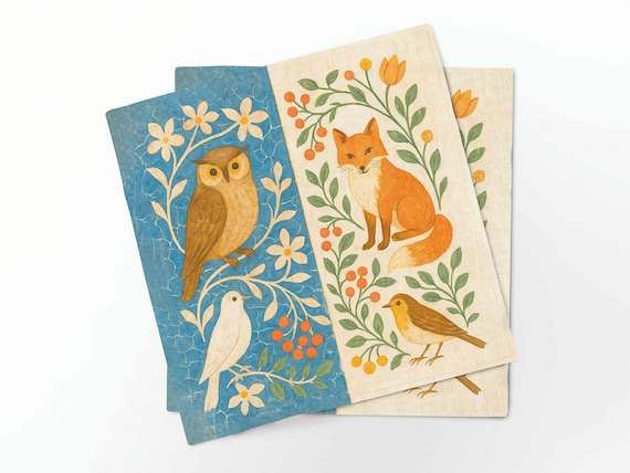 Napkins set, Forest Friends, Vintage table decor, Fairy Tale print, fabric napkins, 100% linen