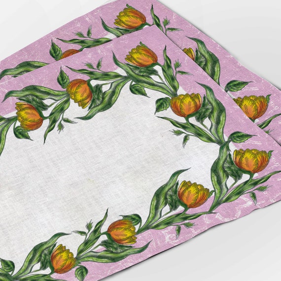 Placemats set, Tulips, Spring-blooming, Plant placemats, linen placemats, Easter placemats, green placemats, fabric placemats