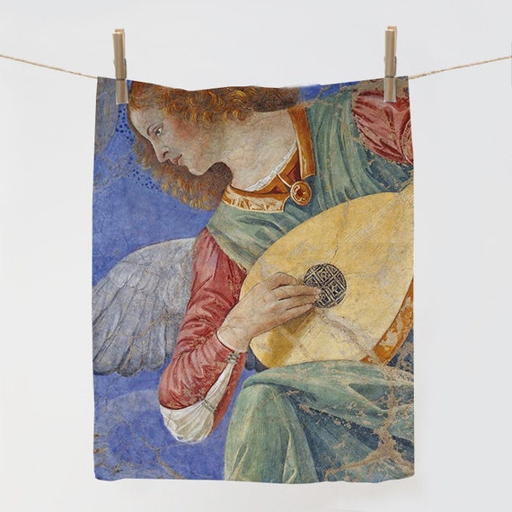 Towel, Melozzo da Forlì, An angel playing the lute, luxury linen, 100% linen