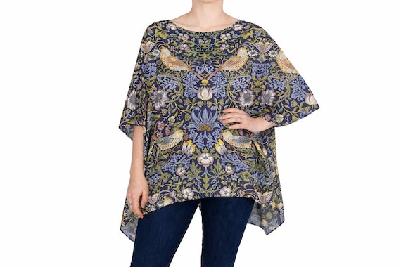 William Morris "The Strawberry Thief" Linen Tunic Top, Boho Blouse, 100% linen.