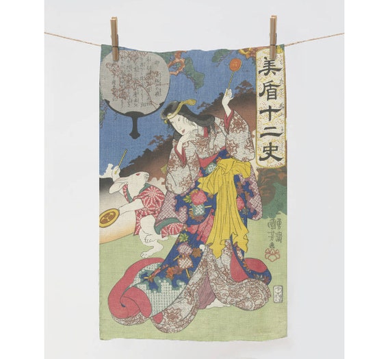 Linen towel, Teken van de haas, Utagawa Kuniyoshi,  1830-1840, Kitchen towel, Japan towel, Vintage towel, 100% linen