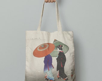Linen Tote Bag, Two Women in Rain, Japanese Art Print