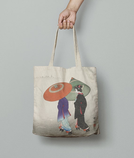 Tote bag, two Women in Rain, Ohara Koson, Kitchen Accessories, custom tote bag, Japanese art, Utamaro, linen tote, 100% linen
