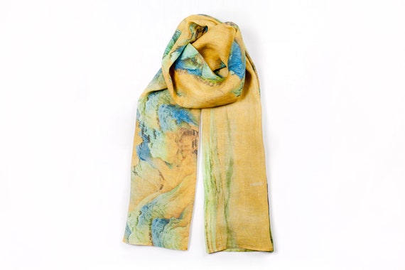 Women's scarf, Wang Ximeng, A Thousand Li of Rivers and Mountains, linen scarf, scarf print, linen wrap, wabi sabi accessories