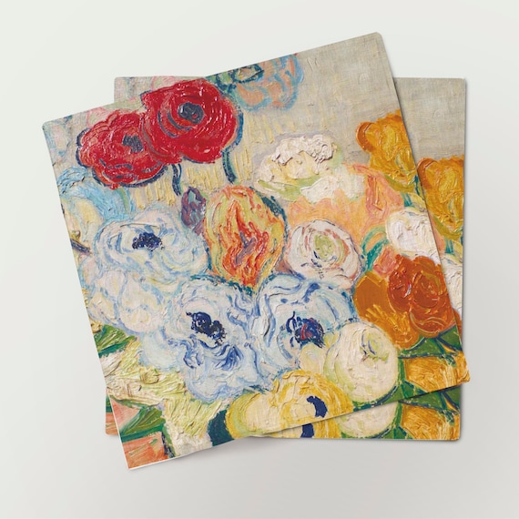 Napkins set, Japanese Vase with Roses and Anemones, Vincent van Gogh, 1890, fabric napkins, 100% linen