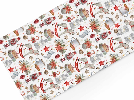 Linen Table Runner, Winter Christmas Treasures, Custom Size