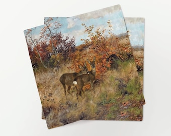 Linen Napkins Set, Roe Deer with Autumn Leaves by Josef Schmitzberger, Vintage Table Decor, 100% Linen, Fall Home Decor
