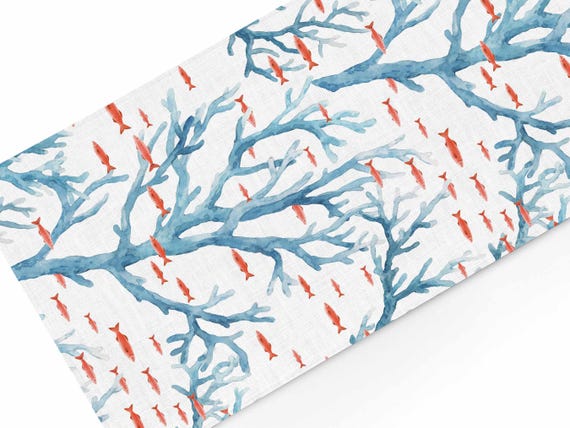 Table runner, Coral Drift, Beach house style, linen table top