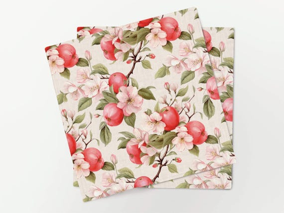 Linen Napkins Set, Red Apple Blossom, Farmhouse Table Decor, 100% Linen, Handmade