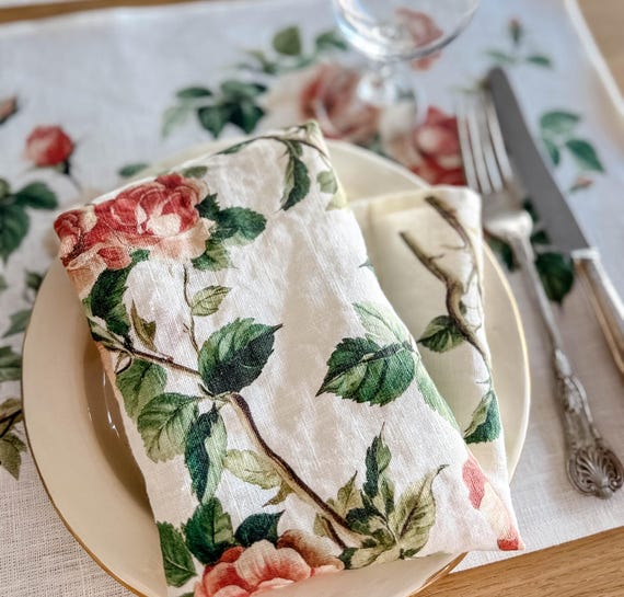 Napkins set, Wild Roses, Floral napkins, 100% linen, napkins cloth, fabric napkins, napkins for wedding