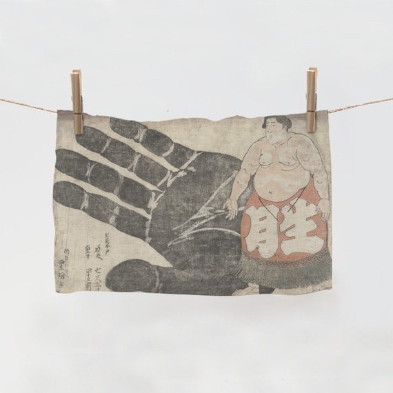 Kitchen towel, Sumo Wrestler and his Hand, Utagawa Kunisada, linen towel, towel print, 100% linen, Japan towel, Japan print, Japan art